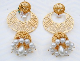 Matte Gold Chand Jhumkas with Pearl Drop